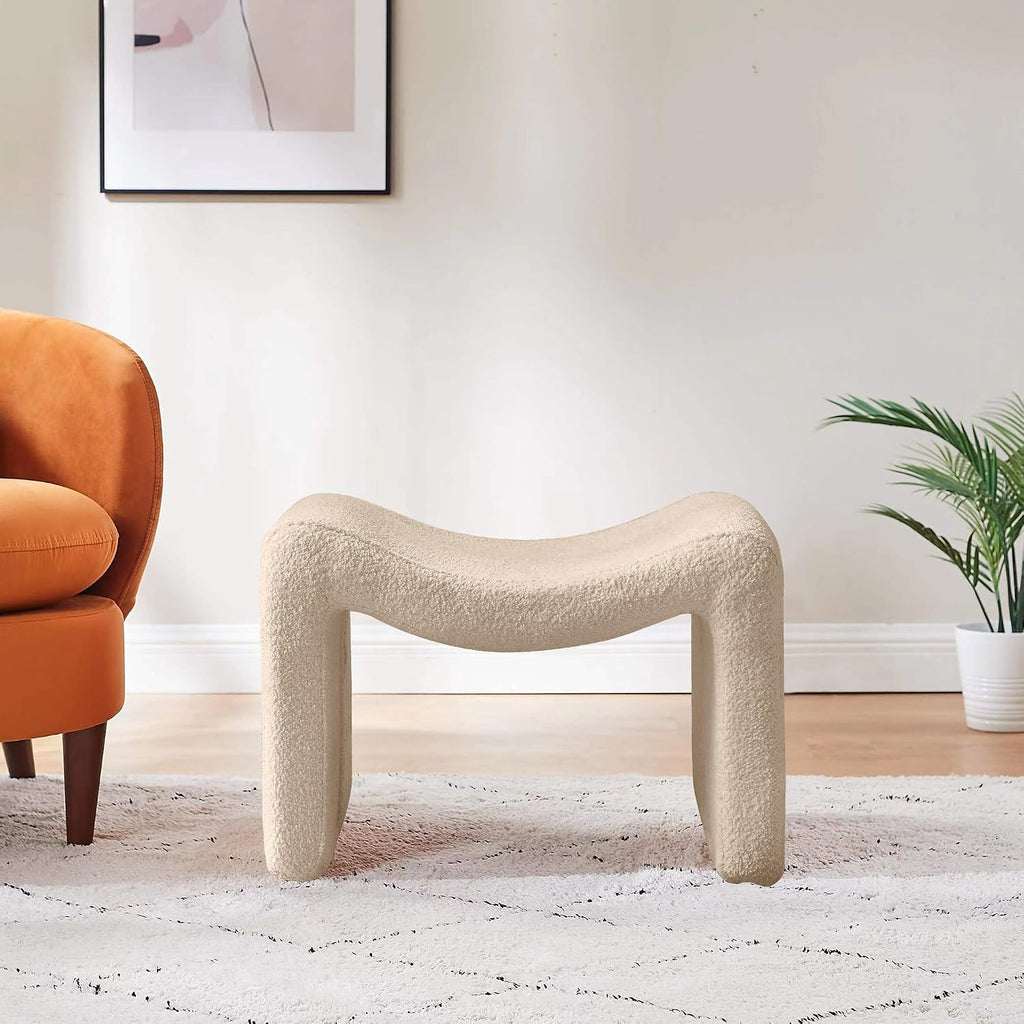 Modern Boucle Ottoman, Vanity Stool Chair, Foot Stool with Wooden Legs Sofa Bench Footstool Extra Seat for Vanity, Makeup Room, Living Room, Entryway, Set 2, Camel
