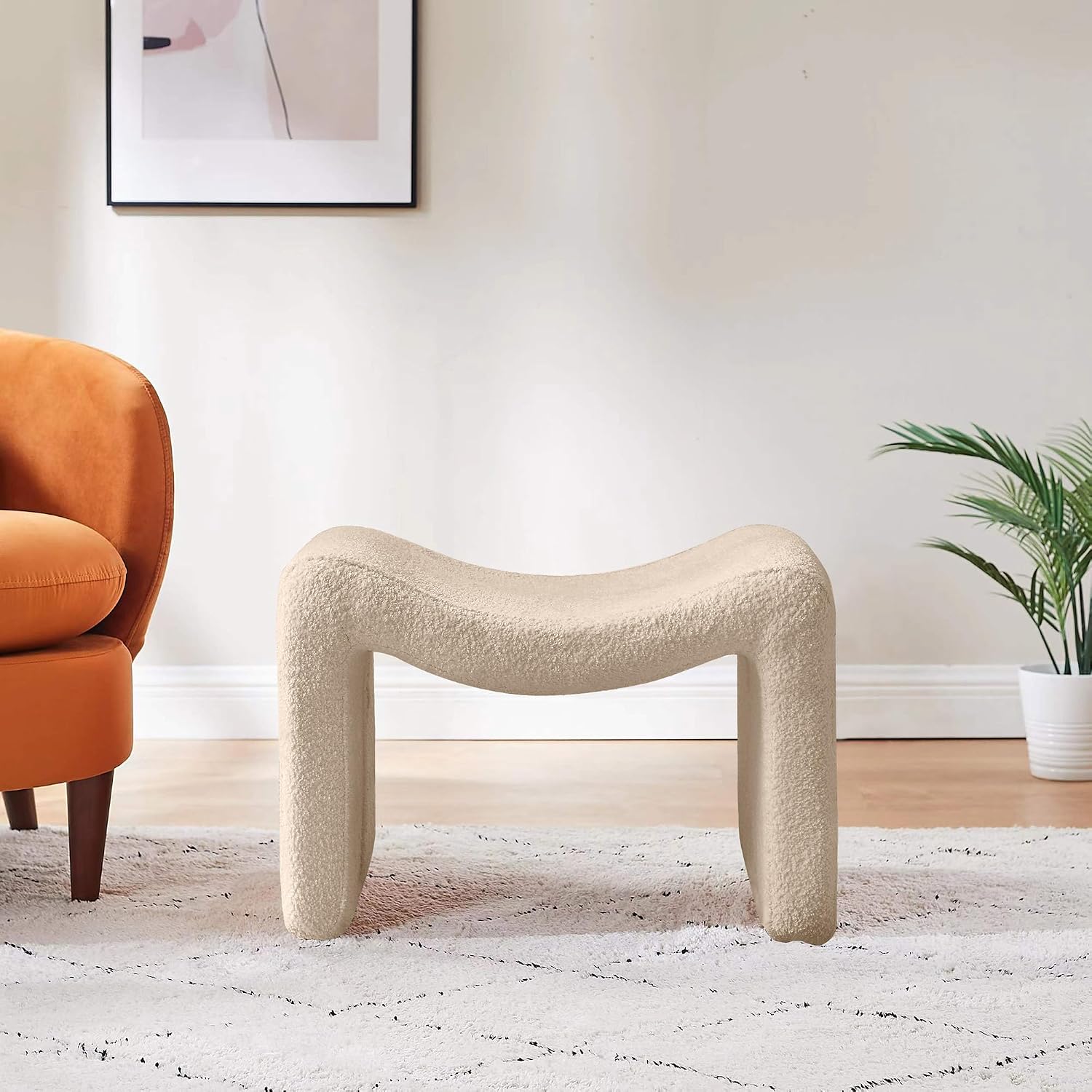 Modern Boucle Ottoman, Vanity Stool Chair, Foot Stool with Wooden Legs Sofa Bench Footstool Extra Seat for Vanity, Makeup Room, Living Room, Entryway, Set 2, Camel
