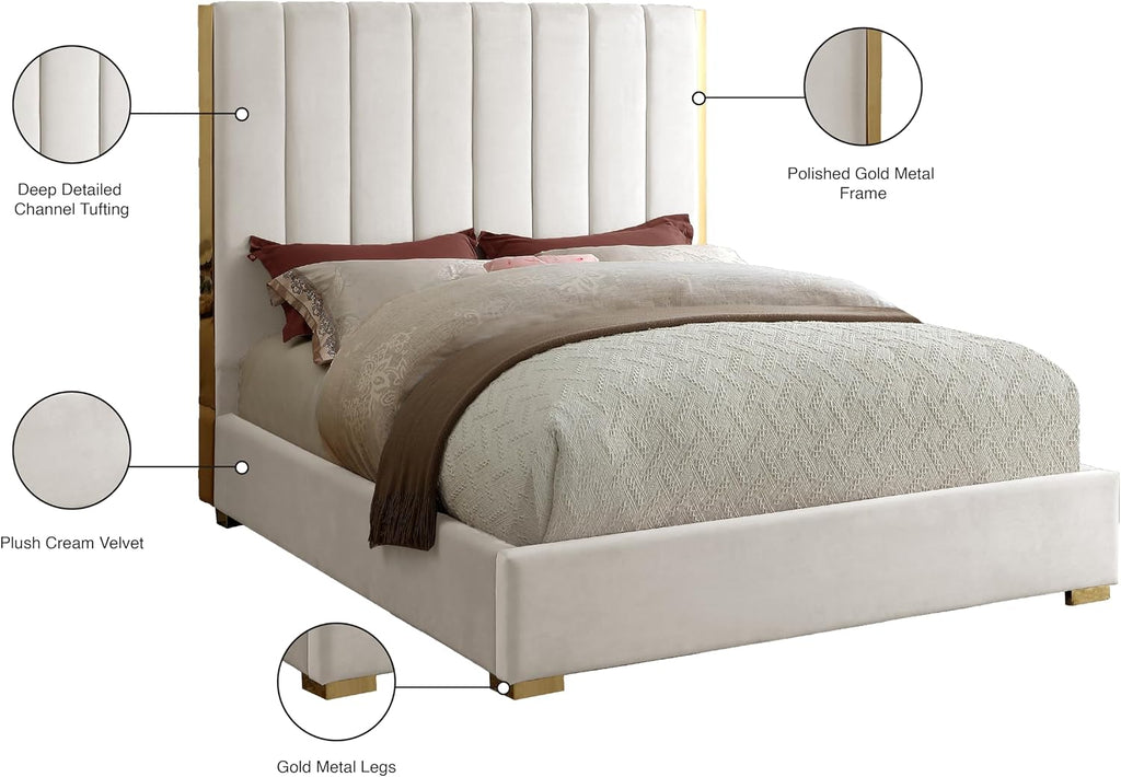 Meridian Furniture Becca Collection Modern | Contemporary Velvet Upholstered Bed with Deep Channel Tufting and Polished Gold Metal Frame, Cream, Queen