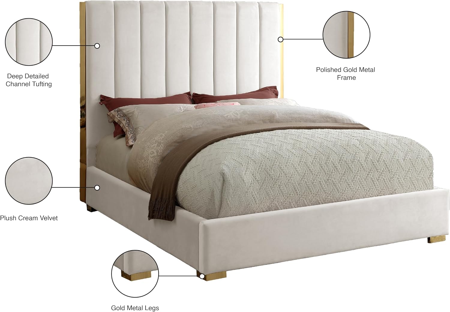 Meridian Furniture Becca Collection Modern | Contemporary Velvet Upholstered Bed with Deep Channel Tufting and Polished Gold Metal Frame, Cream, Queen