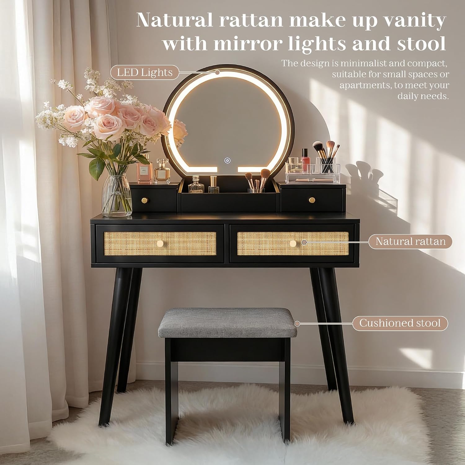 Brafab Small Vanity Desk with Stool for Bedroom, Boho Rattan Compact Makeup Vanity Table with 3 Modes Adjustable LED Mirror, 31' Space Saving Dressing Table Vanity Set, Black