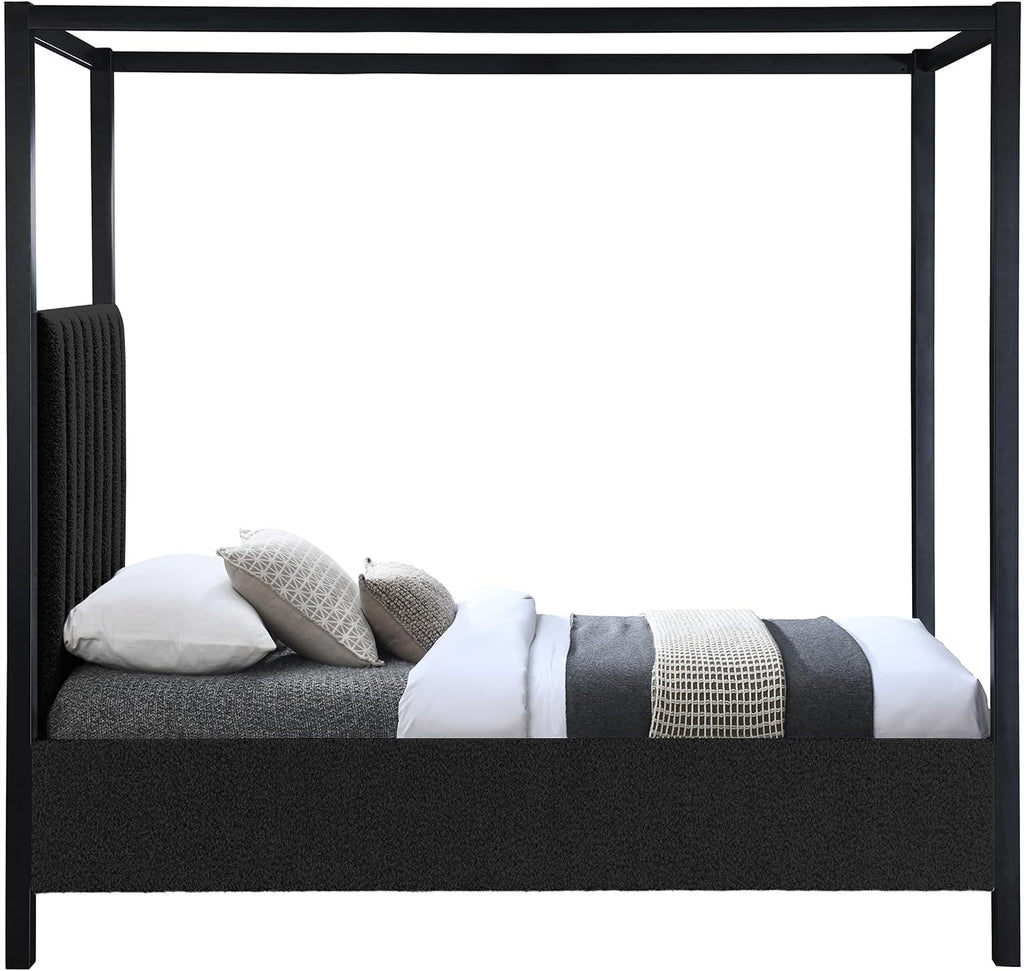 Meridian Furniture KellyBlack-T Kelly Collection Modern | Contemporary Twin Bed with Rich Black Boucle Fabric, Matte Black Iron Metal Frame Canopy, 41' W x 80' D x 77' H, Black, Twin
