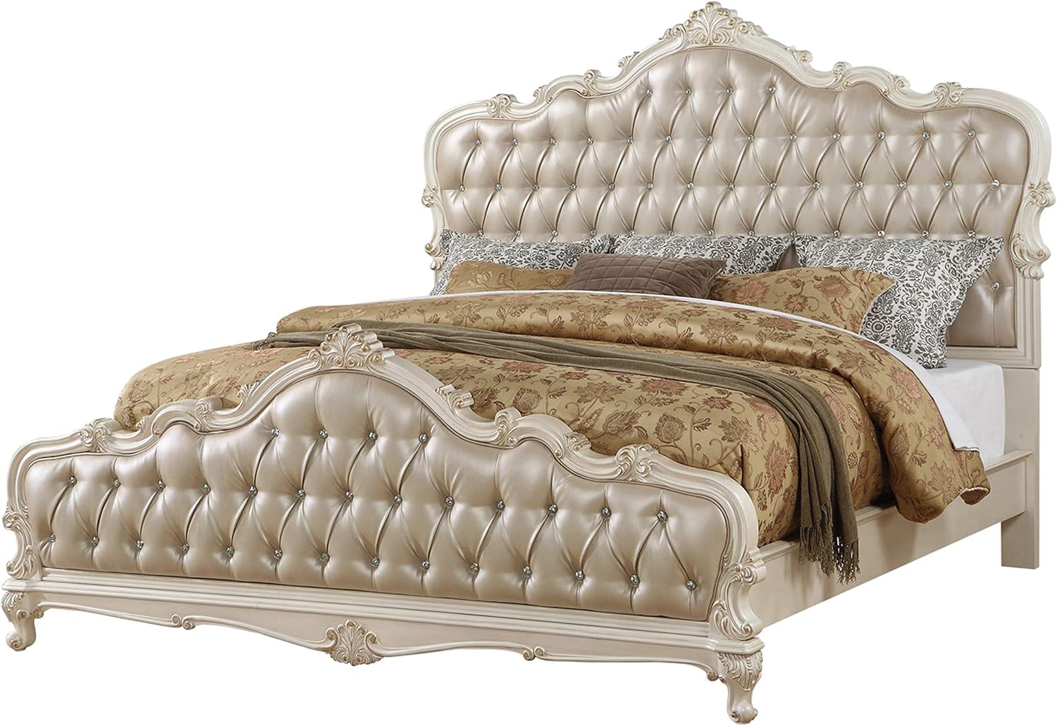 Acme Furniture Chantelle 4-Piece Bedroom Set, Rose Gold PU Leather with Pearl White Finish Eastern King