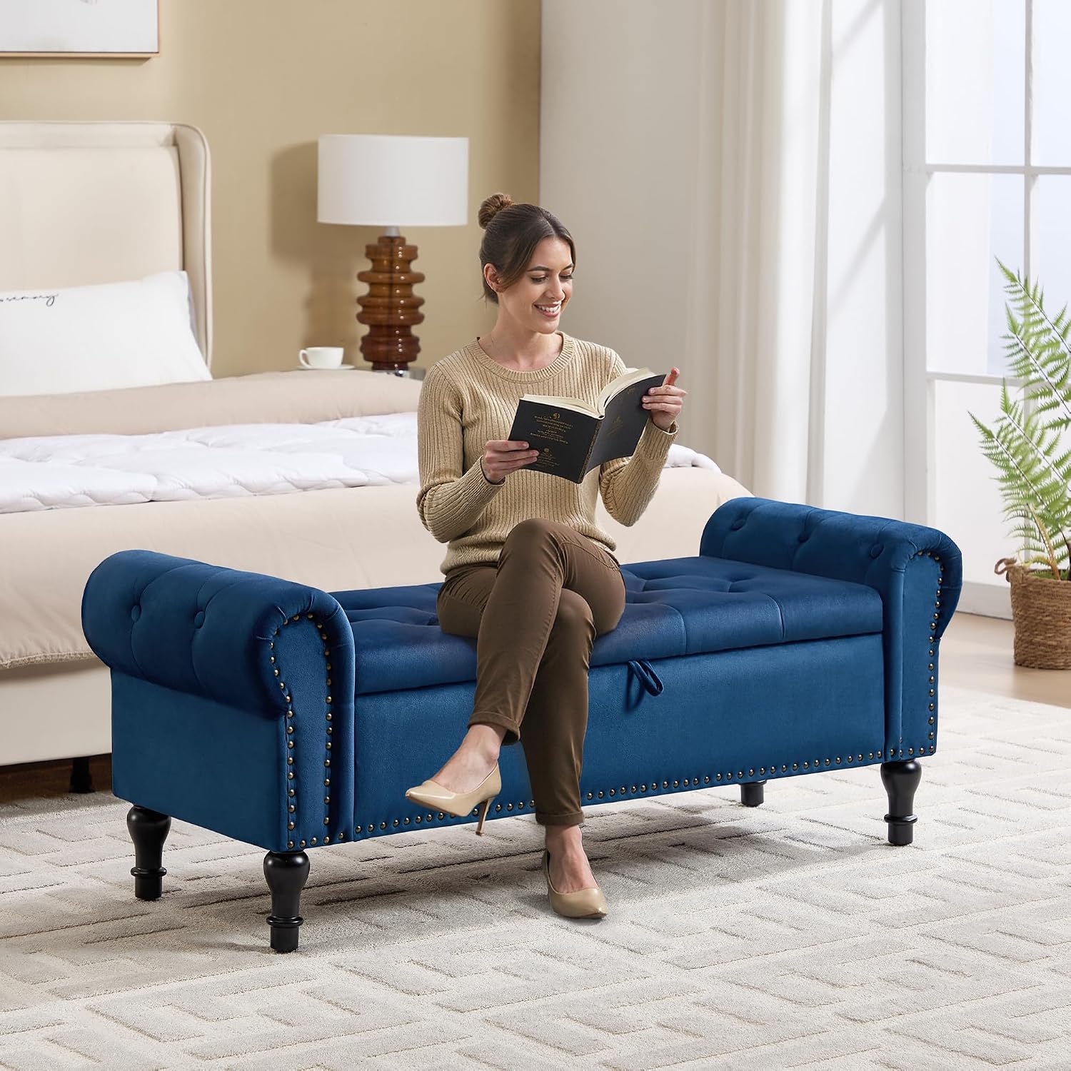 Storage Bench for Bedroom, 51' Upholstered End of Bed Bench, Velvet Queen Size Benches with Rolled Arms, Tufted Button Storage Long Ottoman, Living Room, Entryway, Blue