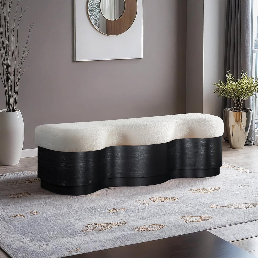 Meridian Furniture 22081Cream Savoy Collection Art Deco Bench with Soft Cream Velour Fur Fabric, Rich Black Finish, Mix of Solid Wood & MDF, 60' W x 18.5' D x 18.5' H, Cream