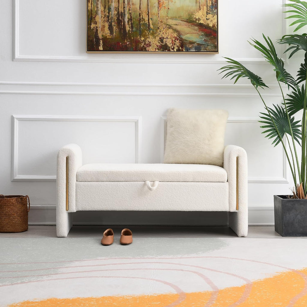 JIJIWANG Modern Bed End Bench with Arms and Storage, Upholstered Bed Bench Entryway Bench Ottoman Comfy Window Vanity Bench Footstool for Living Room,Bedroom,Cream