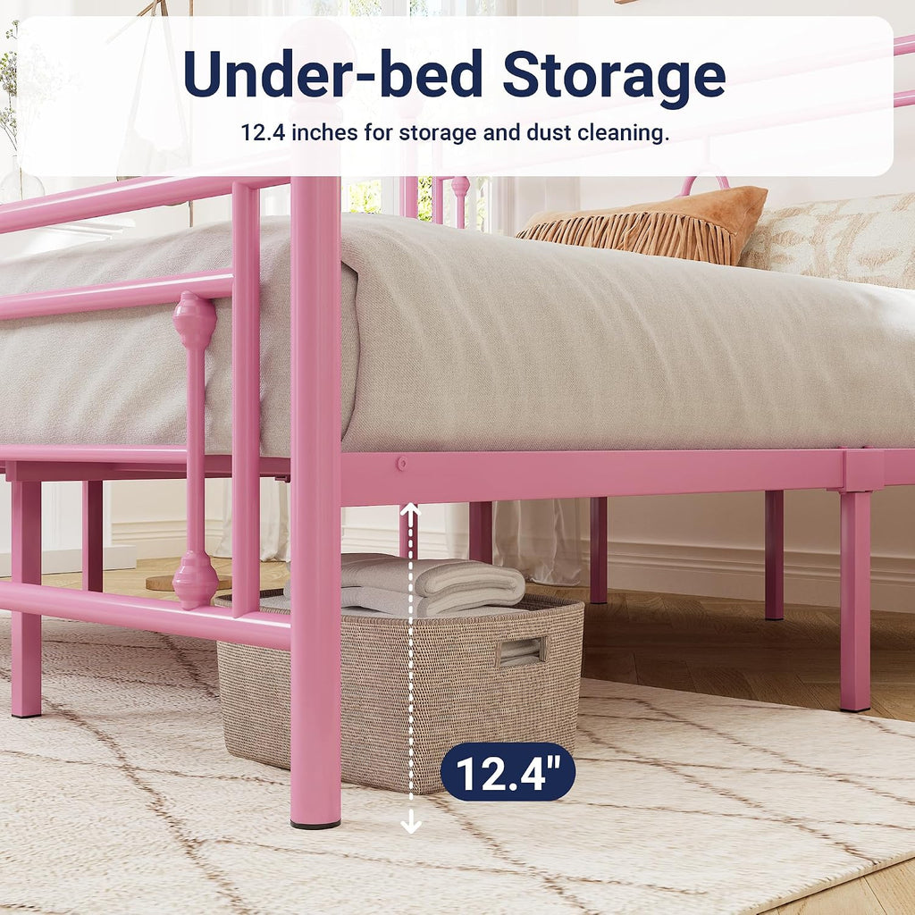 Allewie King Size Metal Platform Bed Frame with Victorian Vintage Headboard and Footboard/Mattress Foundation/Under Bed Storage/No Box Spring Needed/Noise-Free/Easy Assembly, Pink