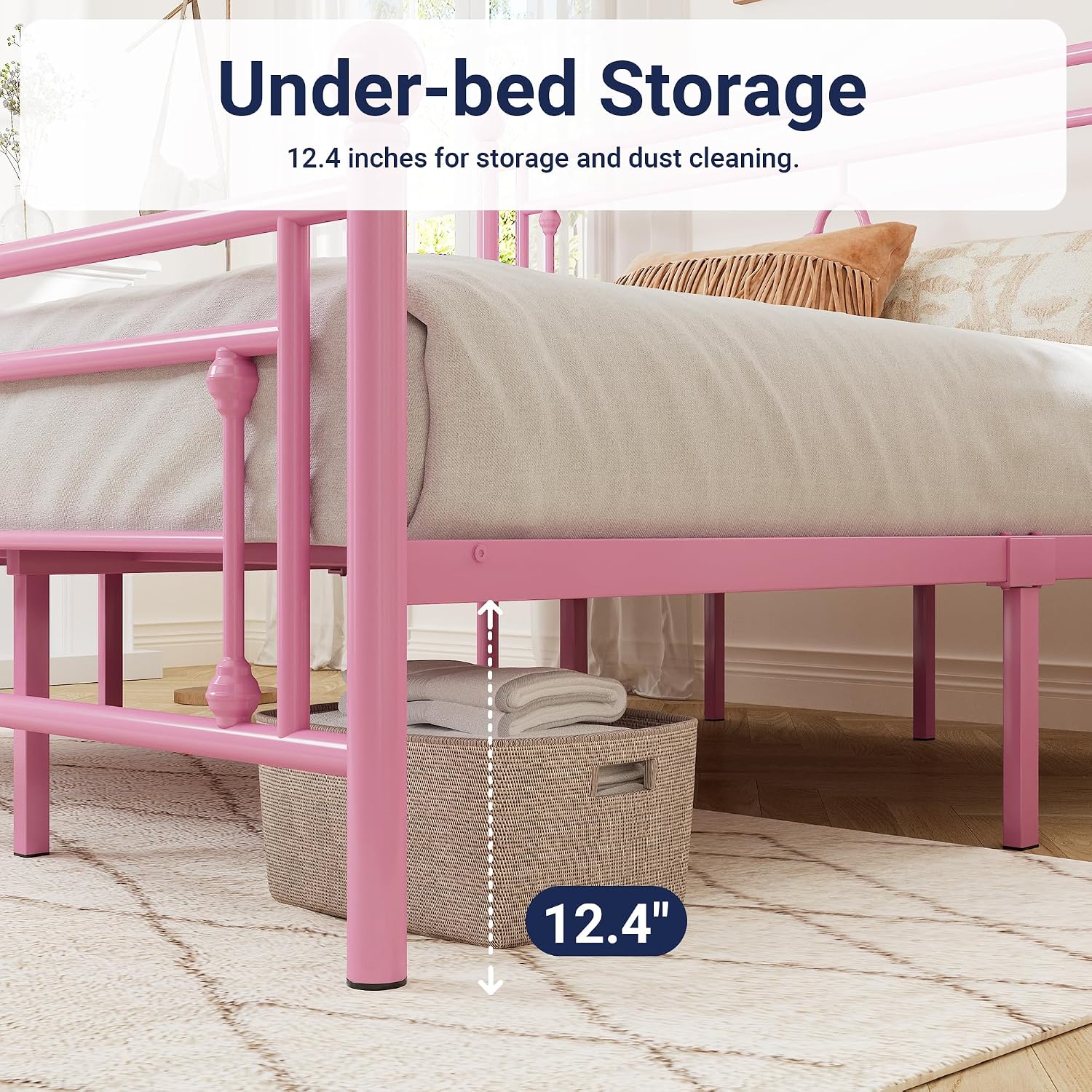 Allewie King Size Metal Platform Bed Frame with Victorian Vintage Headboard and Footboard/Mattress Foundation/Under Bed Storage/No Box Spring Needed/Noise-Free/Easy Assembly, Pink