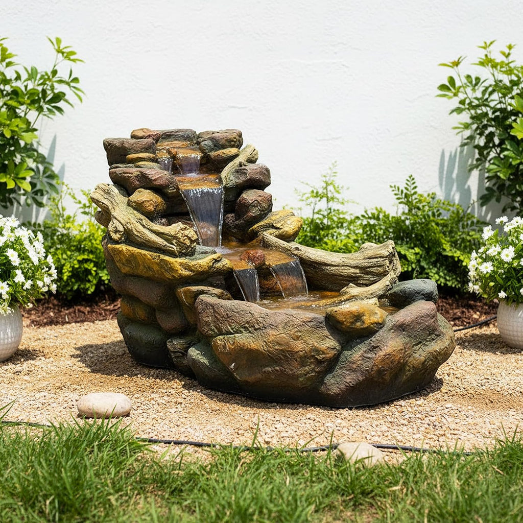 Naturefalls 39' Length Outdoor Rock Water Fountain with LED Lights - 3-Tiers Poly-Resin Cascading Waterfall Fountain for Garden, Patio, Yard, Home Decor