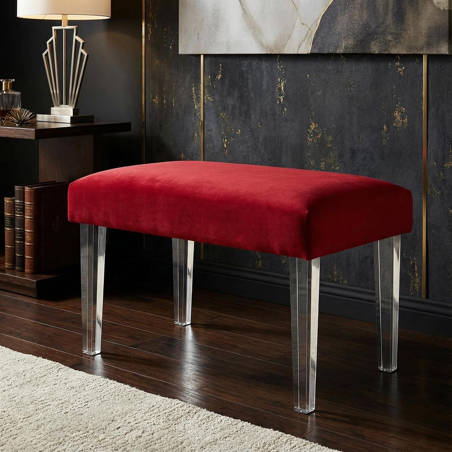 Cortesi Home Whitecrest Bench Ottoman with Clear Acrylic Legs 24' Wide Red Velvet