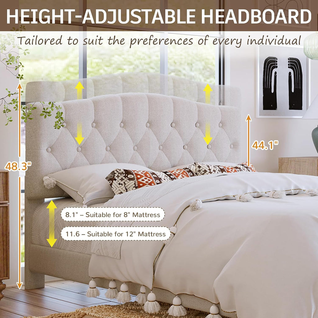 King Size Bed Frame, Upholstered Platform Bed with Diamond Tufted Headboard, Sturdy Slat Support Mattress Foundation, No Box Spring Needed, Modern Bedroom Furniture (King)