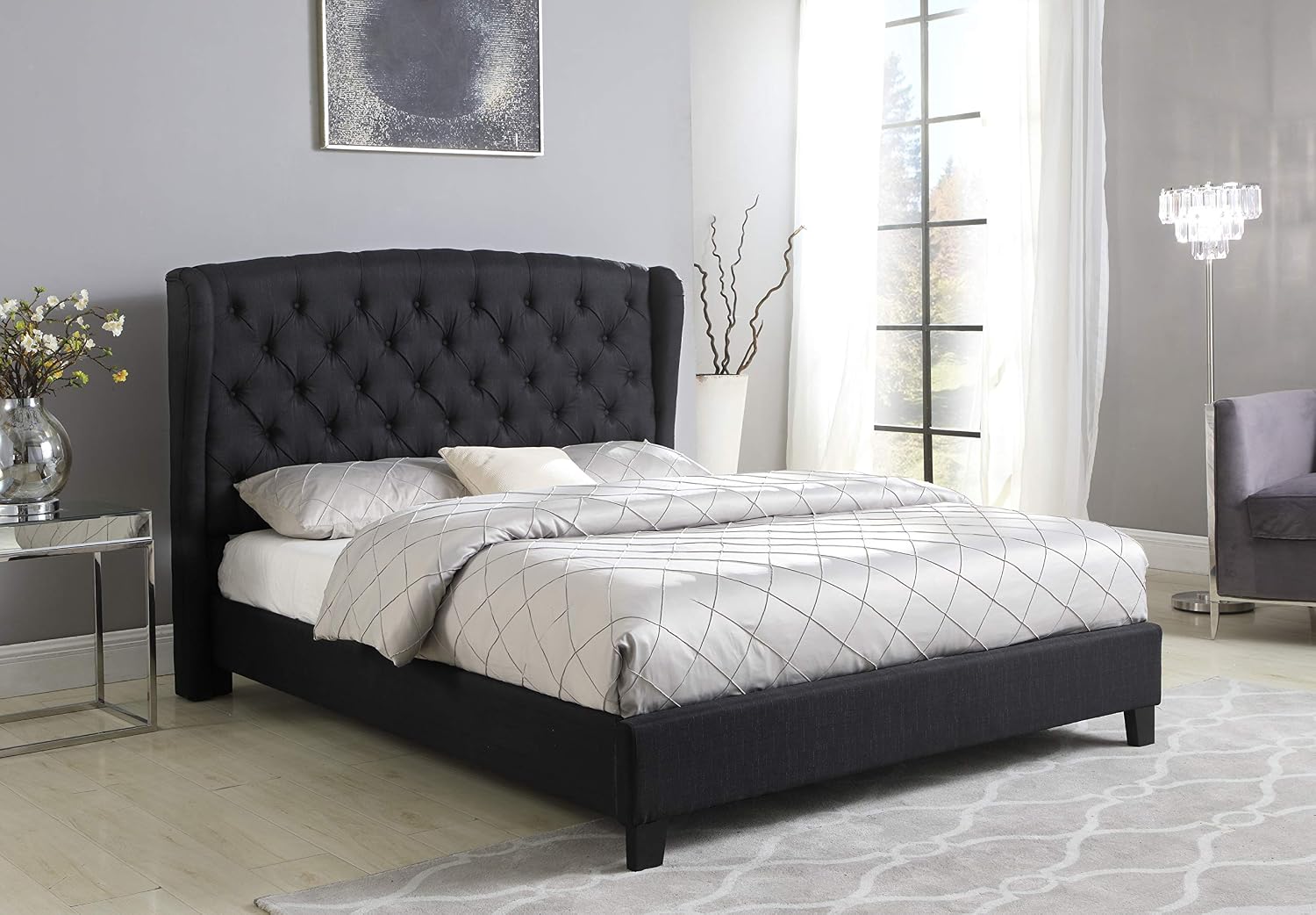 Best Master Furniture Yvette Upholstered Tufted with Wingback Platform Bed California King, Black