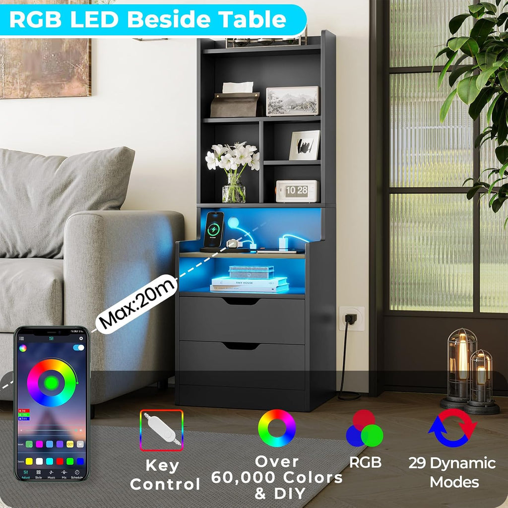 ADORNEVE Charging Nightstand Set of 2 with LED Lights,Tall Night Stand with Bookshelf,Bedside Table with Drawers,Black Side Tables Bedroom