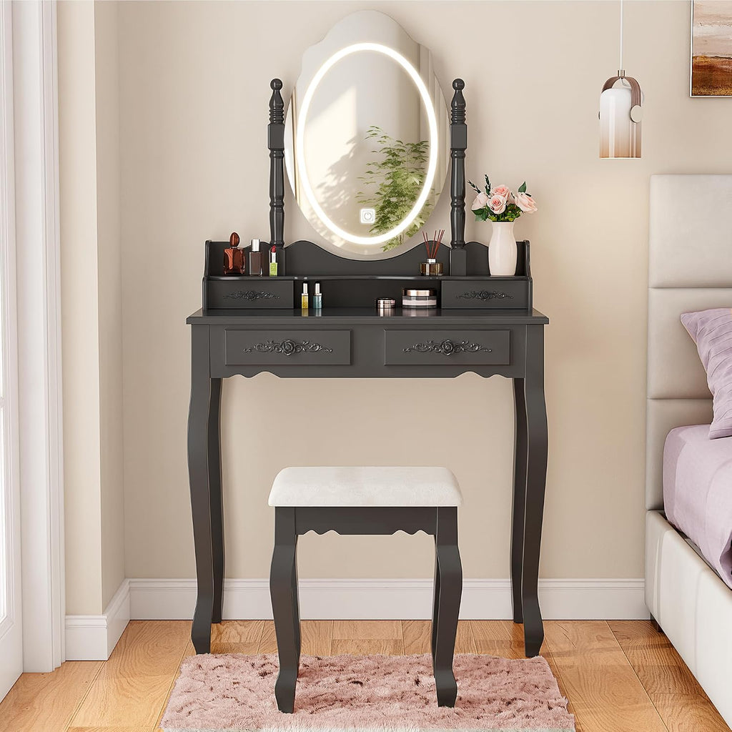 Vanity Desk with LED Lighted Mirror & 4 Drawers, Makeup Vanity Table with Cushion Stool, 3 Color Modes & Adjustable Brightness Dressing Table, for Bedroom, Black (Black)