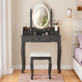 Vanity Desk with LED Lighted Mirror & 4 Drawers, Makeup Vanity Table with Cushion Stool, 3 Color Modes & Adjustable Brightness Dressing Table, for Bedroom, Black (Black)