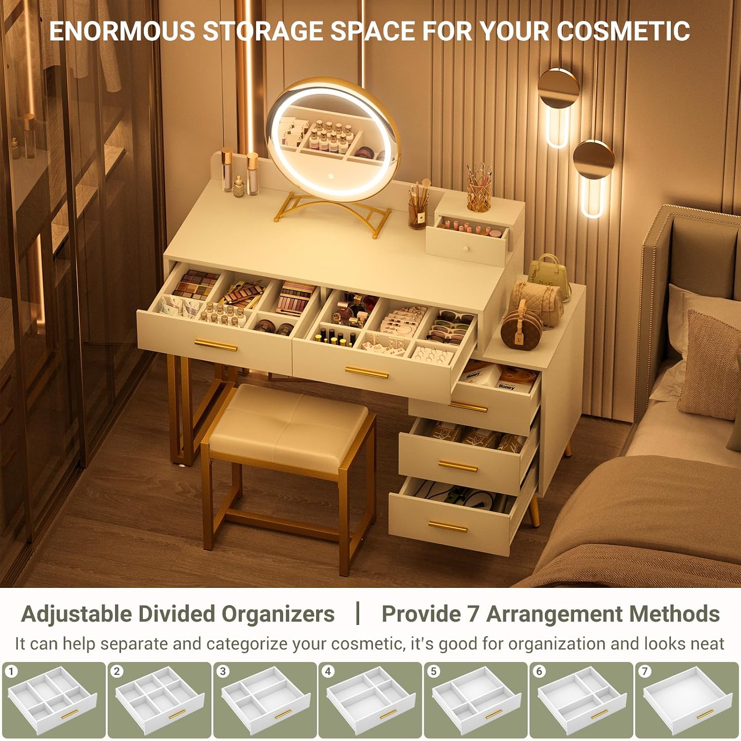 Armocity White Vanity Desk with Mirror and Lights, Modern Makeup Vanity Table Set with 6 Storage Drawers and Cushioned Stool for Bedroom, Dressing Table with Divided Organizers for Women Girls, White
