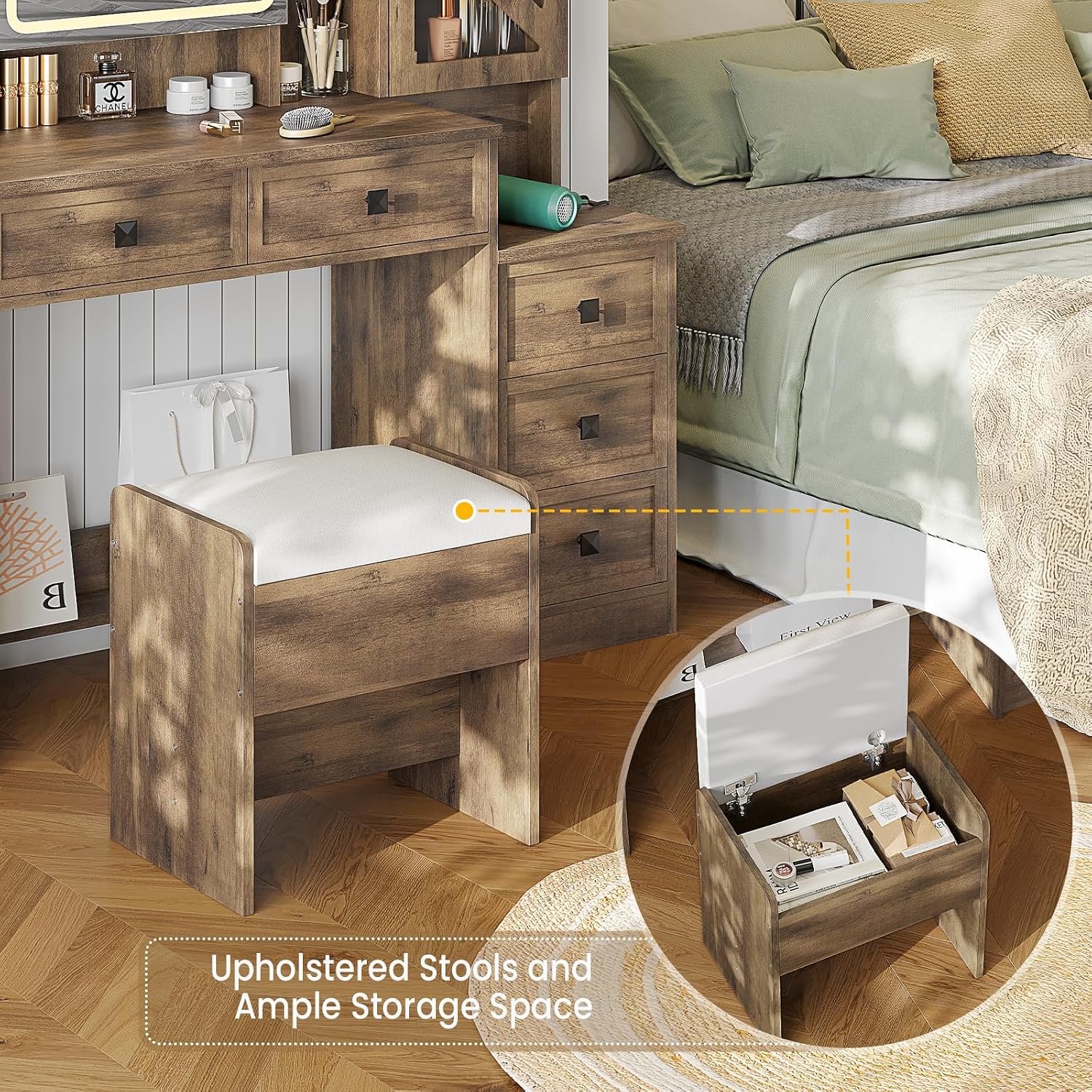 AOGLLATI Farmhouse Vanity Desk with Mirror and Lights, Makeup Vanity Set with Lights & Jewelry Cabinet & 5 Drawers, Vanity Table with Charging Station, Hidden Storage Space for Bedroom, Brown