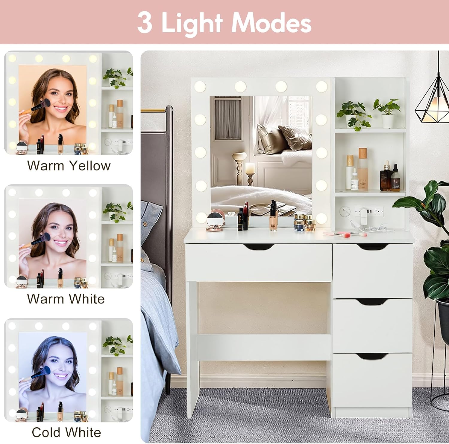 Modern Vanity Makeup Desk with Vanity Mirror, Built-in Lights, 4 Drawers, Crystal Ball Knobs, Power Outlet, White Makeup Desk for Bedroom