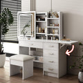 43.3' Vanity Desk with Mirror and Lights, Sliding 3 Colors Lighted Mirror, Vanity Desk Set with Stool, 5 Drawers and Foldable Table Board, to Store Jewelry and Makeup for Bedroom&Dressing Room