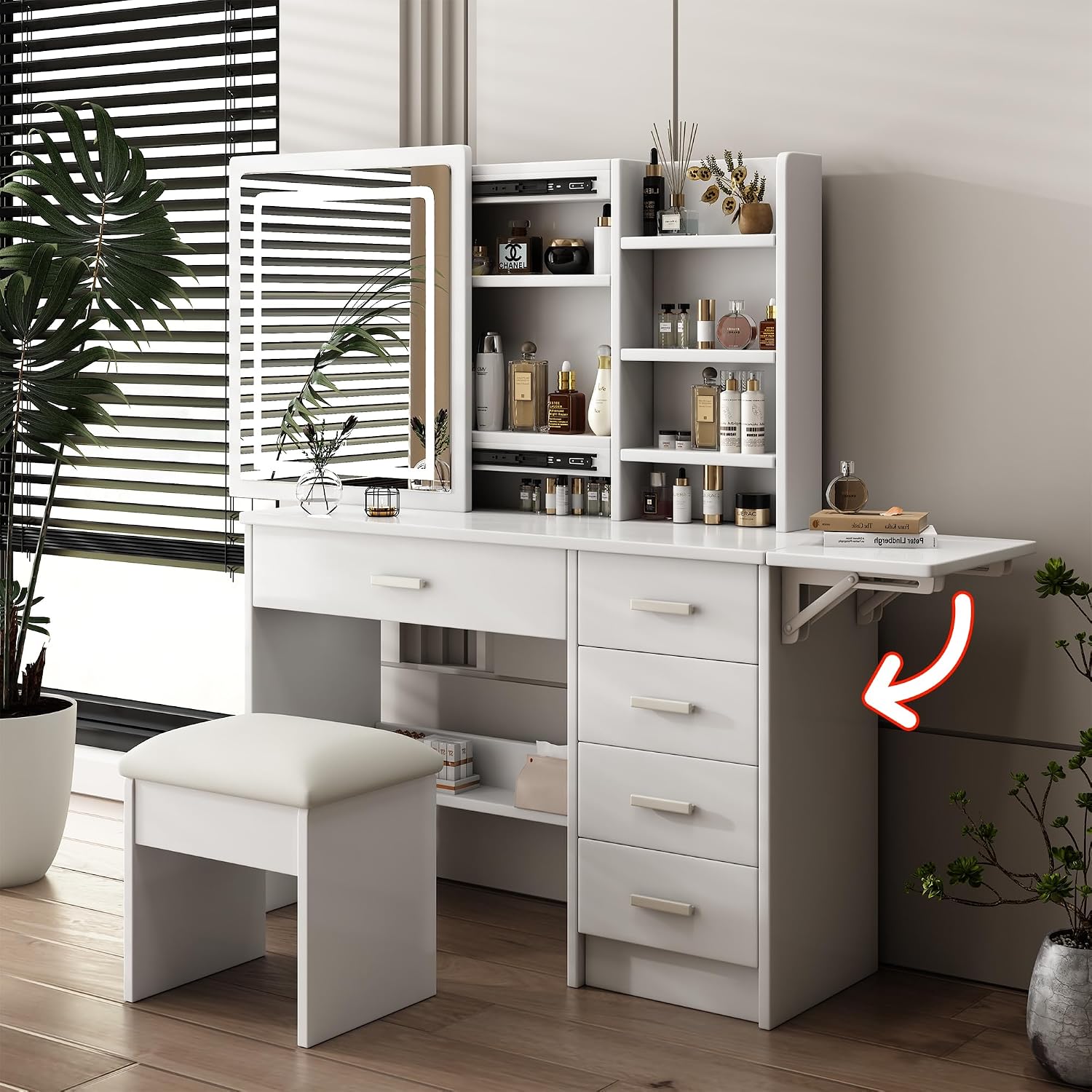 43.3' Vanity Desk with Mirror and Lights, Sliding 3 Colors Lighted Mirror, Vanity Desk Set with Stool, 5 Drawers and Foldable Table Board, to Store Jewelry and Makeup for Bedroom&Dressing Room