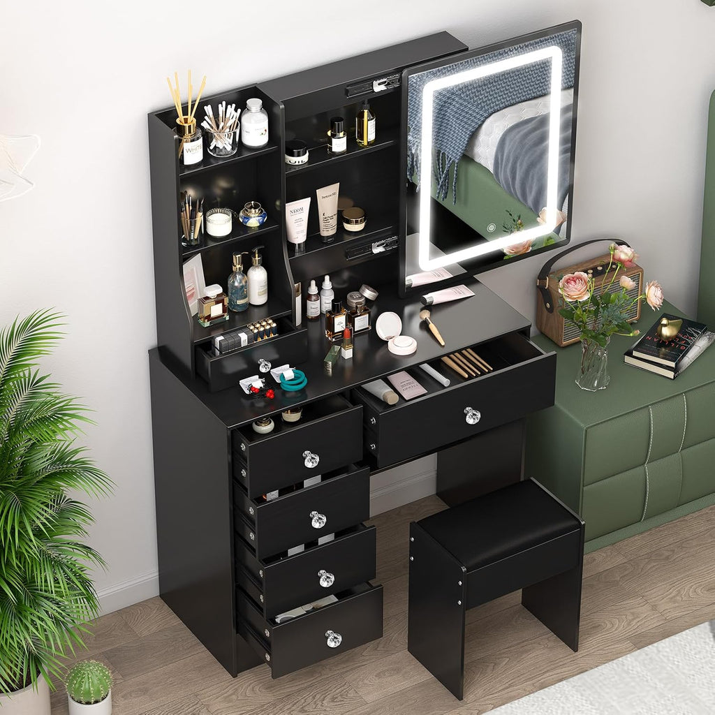 Black Vanity Desk with Sliding Mirror and Lights, Vanity Table with 6 Drawers and Cabinet, Small Vanity Set with Chair Stool, 3 Modes Adjustable LED Sliding Mirror, Vanity for Bedroom
