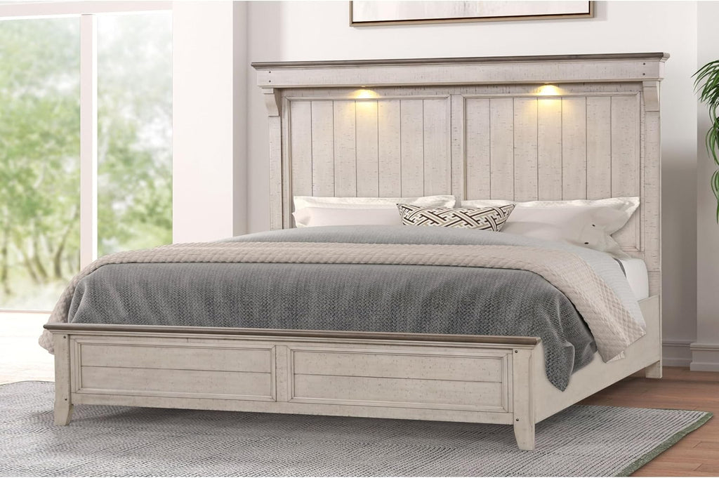 Roundhill Furniture Walcott 4-Piece Bedroom Set with Touch LED Lighting, Weathered Dusty-Taupe Finish, King