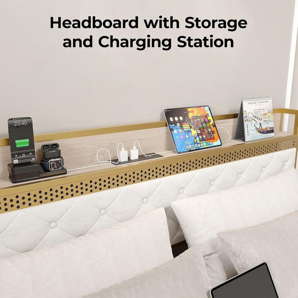 King Bed Frame with Headboard,Upholstered Bed Frame King Size with 2 Drawers,Metal Platform Bed Frame with Charging Station & LED Lights,Noise-Free/Metal Slats Support/No Box Spring Needed