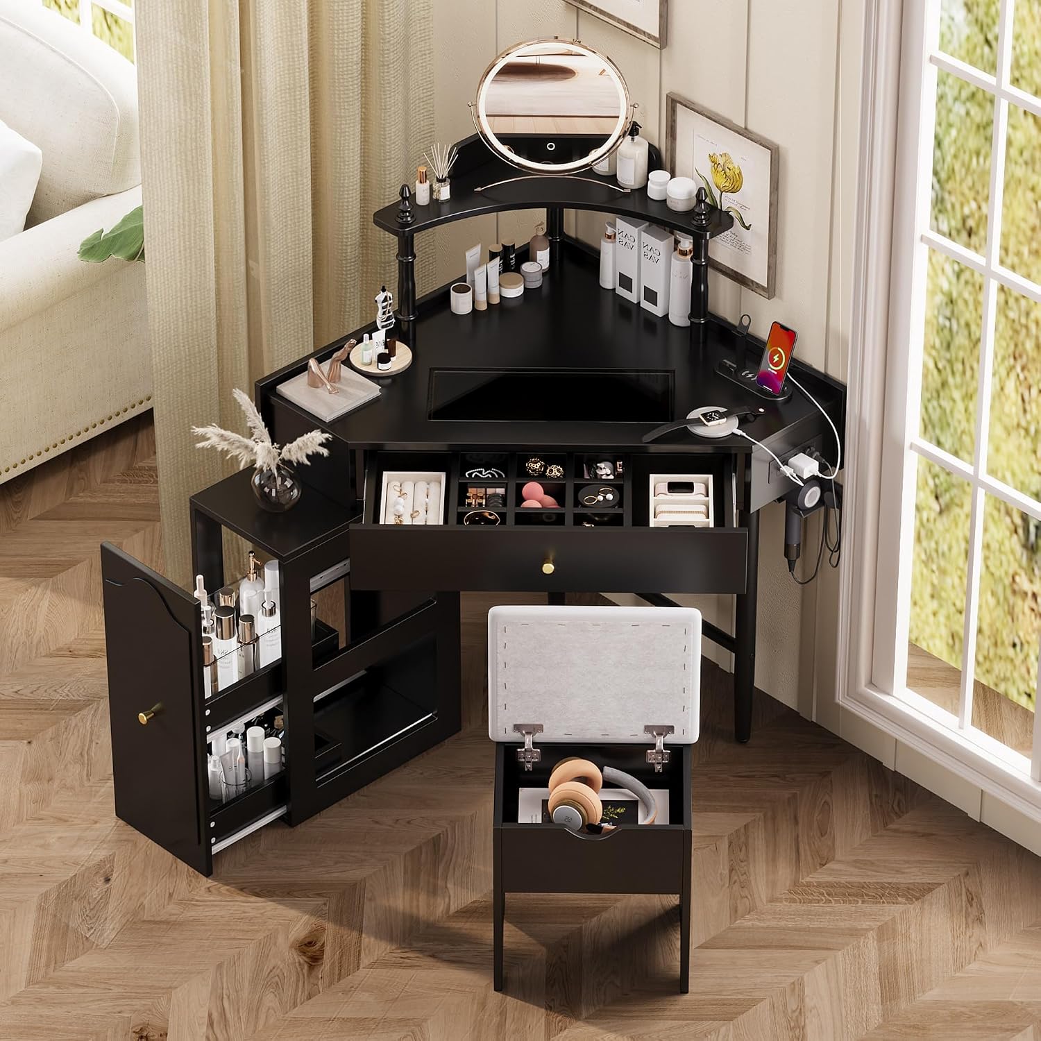 Corner Vanity Desk Set with Storage Cushioned Stool and Charging Station, Triangle Makeup Desk with Removable Pull-Out Side Cabinet, Glass Tabletop, Drawer and Shelf (Black)