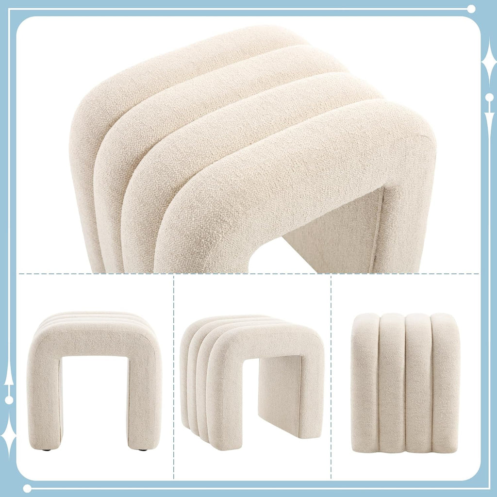 Flouki Ottoman Foot Stool with Channel Tufted, Small Ottoman Bench for Entryway, Modern Vanity Stool Chair, Upholstered Foot Rest Extra Seat for Living Room (Beige Linen)