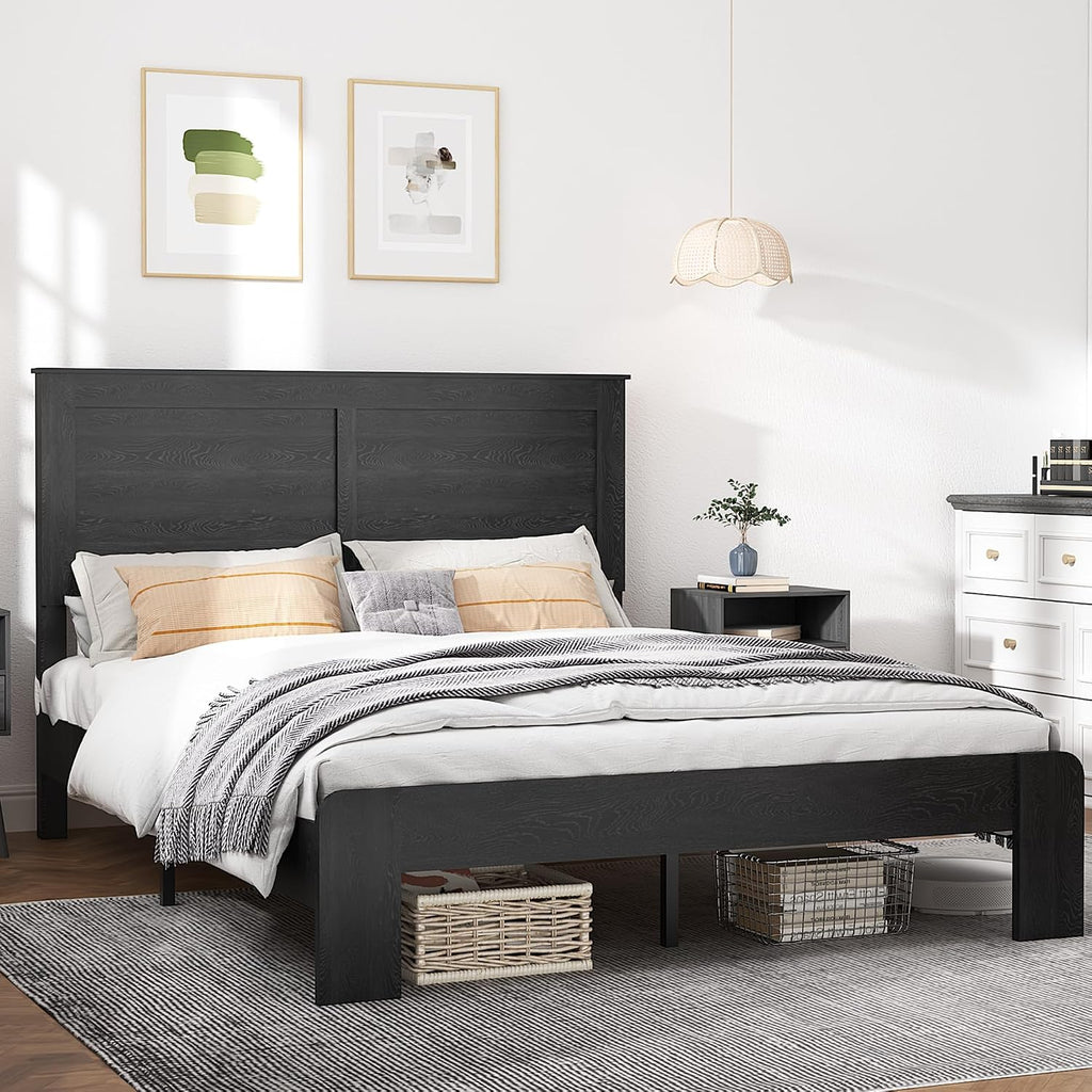 NNOOTK Queen Size Bed Frame, Vintage Platform Bed Frame with Wood Headboard and Footboard, 12 Wood Slats Support, No Box Spring Needed (Black)