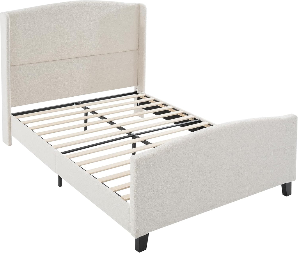KEIKI Queen Size Velvet Upholstered Platform Bed, Metal Bed Frame w/Tall Wingback Headboard, Modern Solid Bedframe Queen-Size, Wood Slat Support, No Box Spring Needed, Easy Assembly, Ivory
