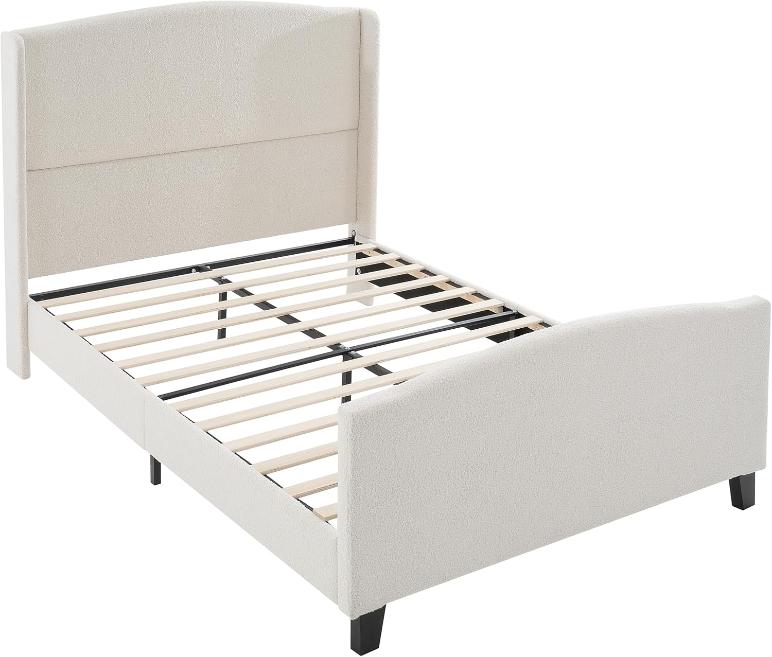 KEIKI Queen Size Velvet Upholstered Platform Bed, Metal Bed Frame w/Tall Wingback Headboard, Modern Solid Bedframe Queen-Size, Wood Slat Support, No Box Spring Needed, Easy Assembly, Ivory