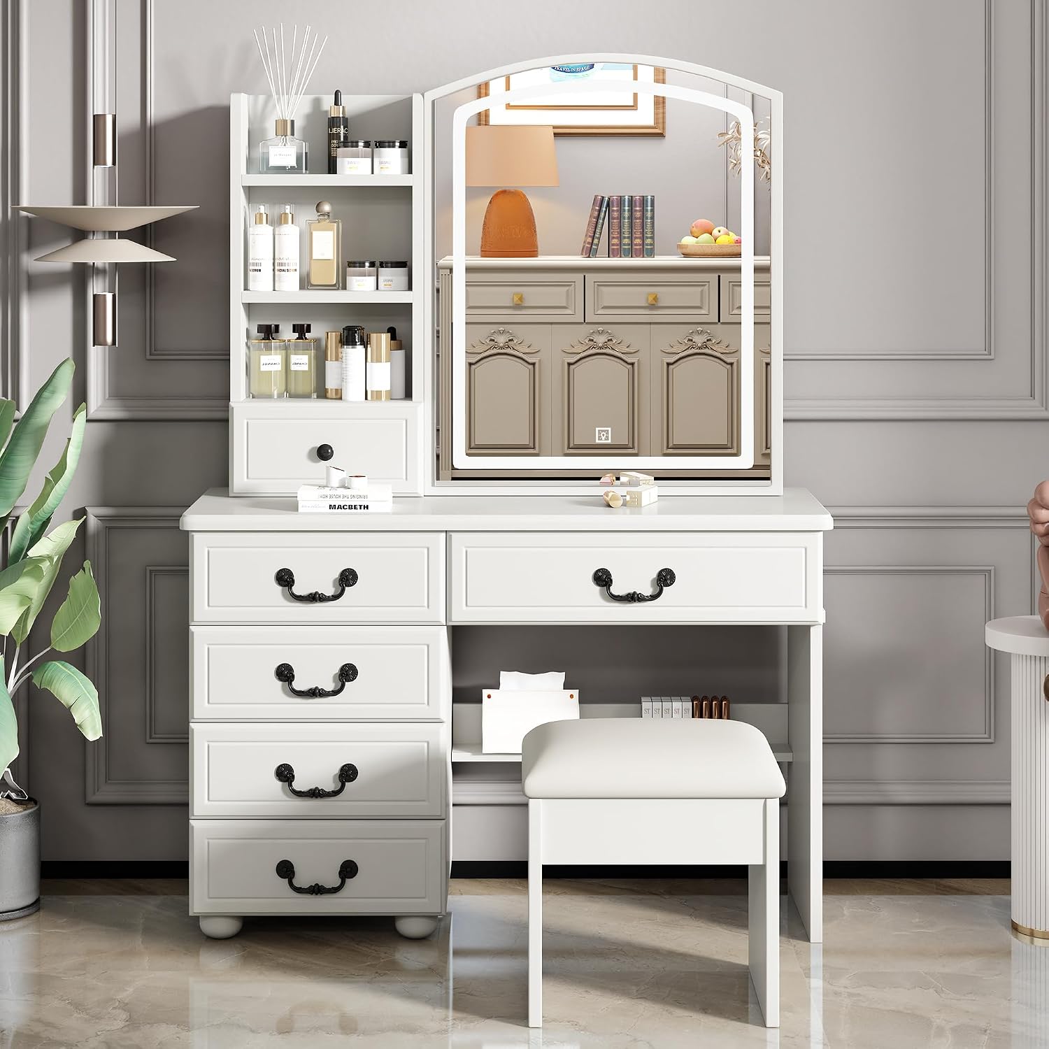 Makeup Vanity Desk with Mirror and Lights, Vanity Table Set with Storage Drawer & Chair & 3 Shelves, 3 Lighting Colors, Adjustable Brightness White Makeup Vanity with Lights (Large)