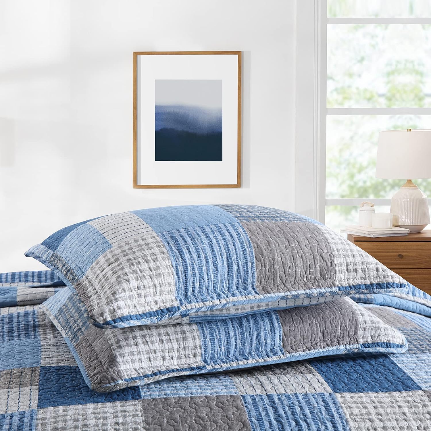 Y-PLWOMEN Plaid Quilt King Size - 100% Cotton Farmhouse King Quilt with 2 Pillow Shams, Lightweight Breathable Quilted Bedspreads Bedding Set, Blue Navy, King(98 * 106 Inch)