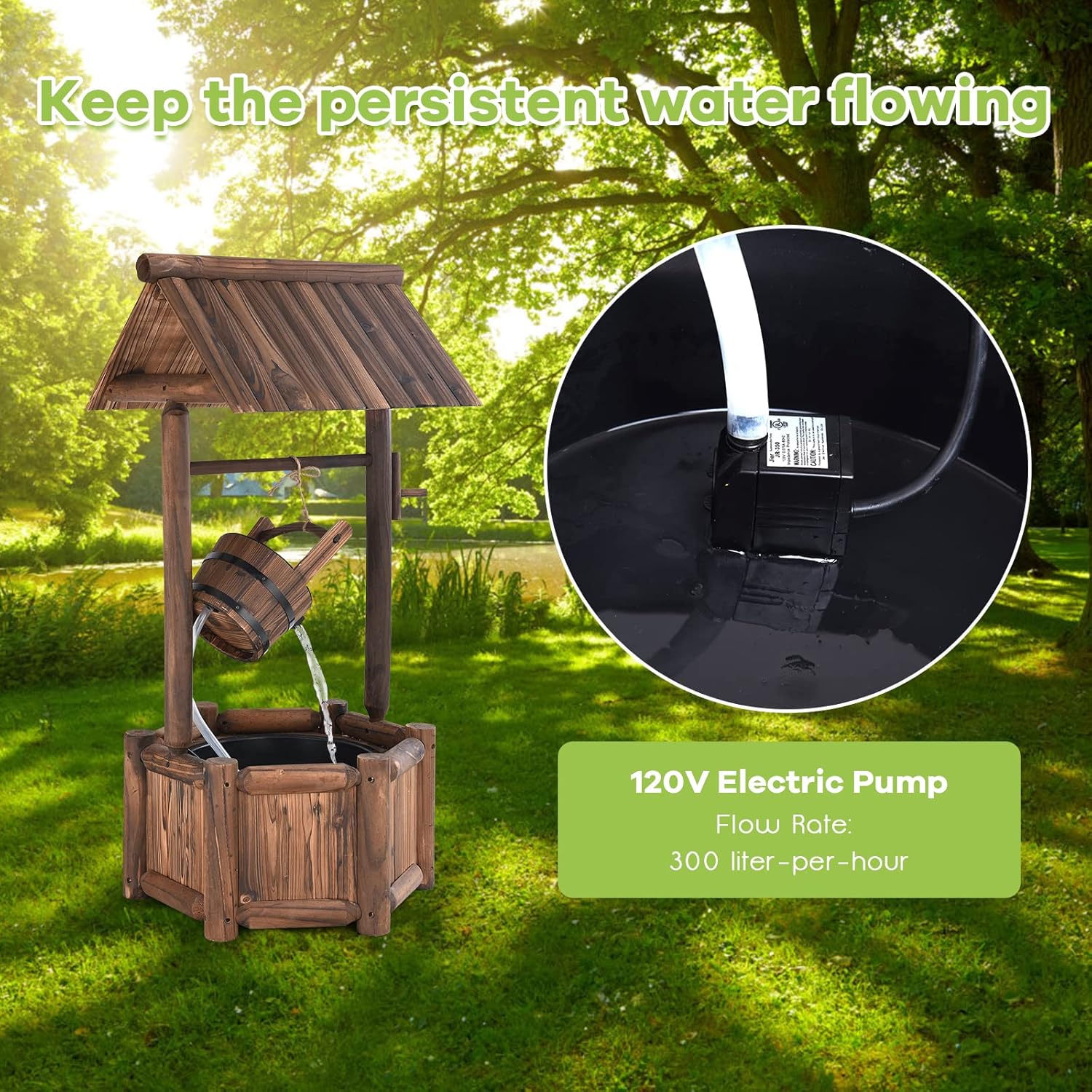S AFSTAR Wishing Well Water Fountain, Rustic Wood Outdoor Waterfall Fountain with UL Certificated, Garden Wishing Well, Electric Pump Wishing Wells for Outdoor Yard Garden Backyard Decoration