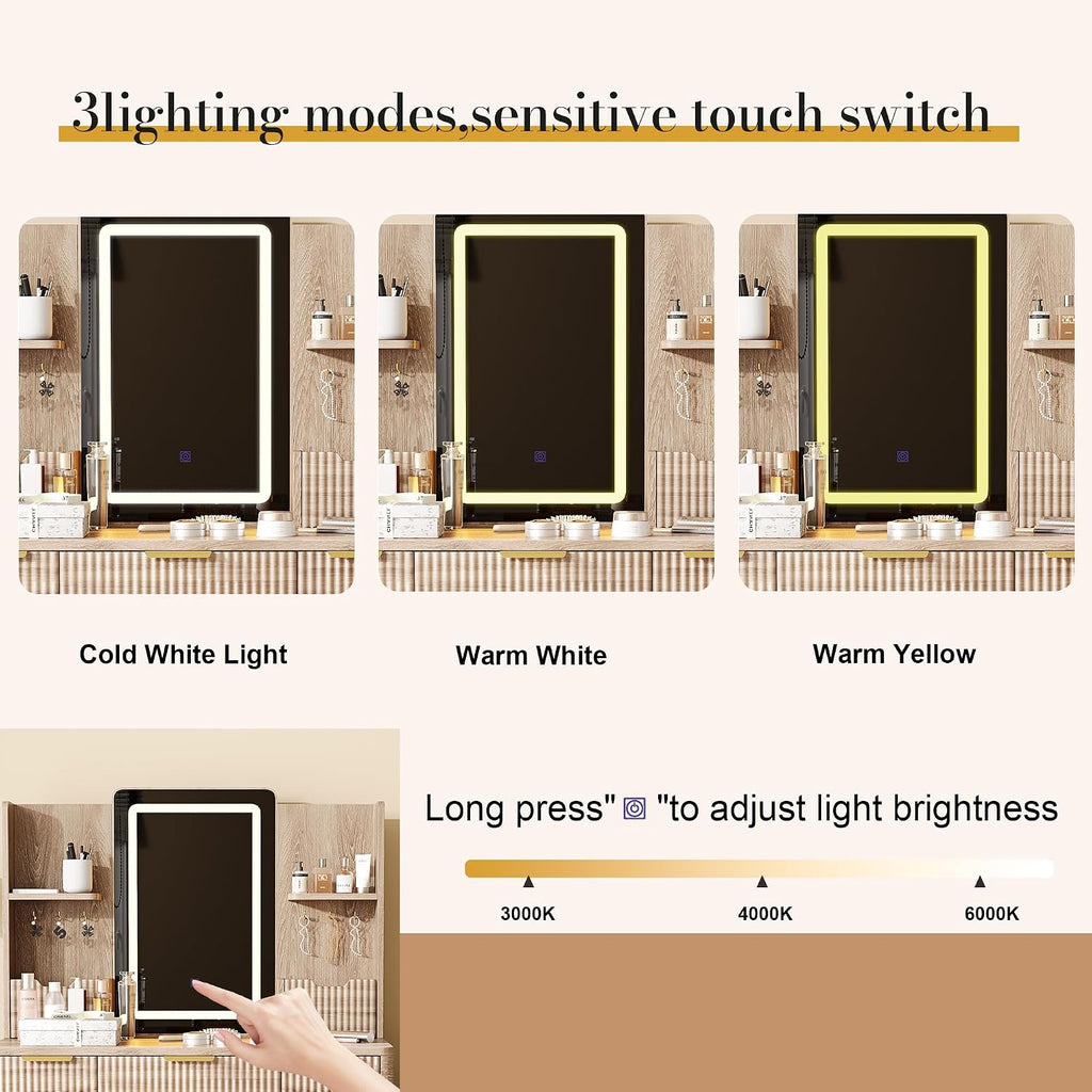 Vanity Desk with LED Mirror Lights, 4 Drawers & Jewelry Storage, Makeup Vanity Set with Metal Legs and PU Stool, Dressing Table for Bedroom Girls, Yellow Brown
