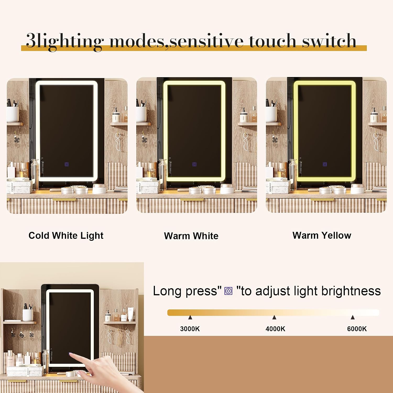 Vanity Desk with LED Mirror Lights, 4 Drawers & Jewelry Storage, Makeup Vanity Set with Metal Legs and PU Stool, Dressing Table for Bedroom Girls, Yellow Brown
