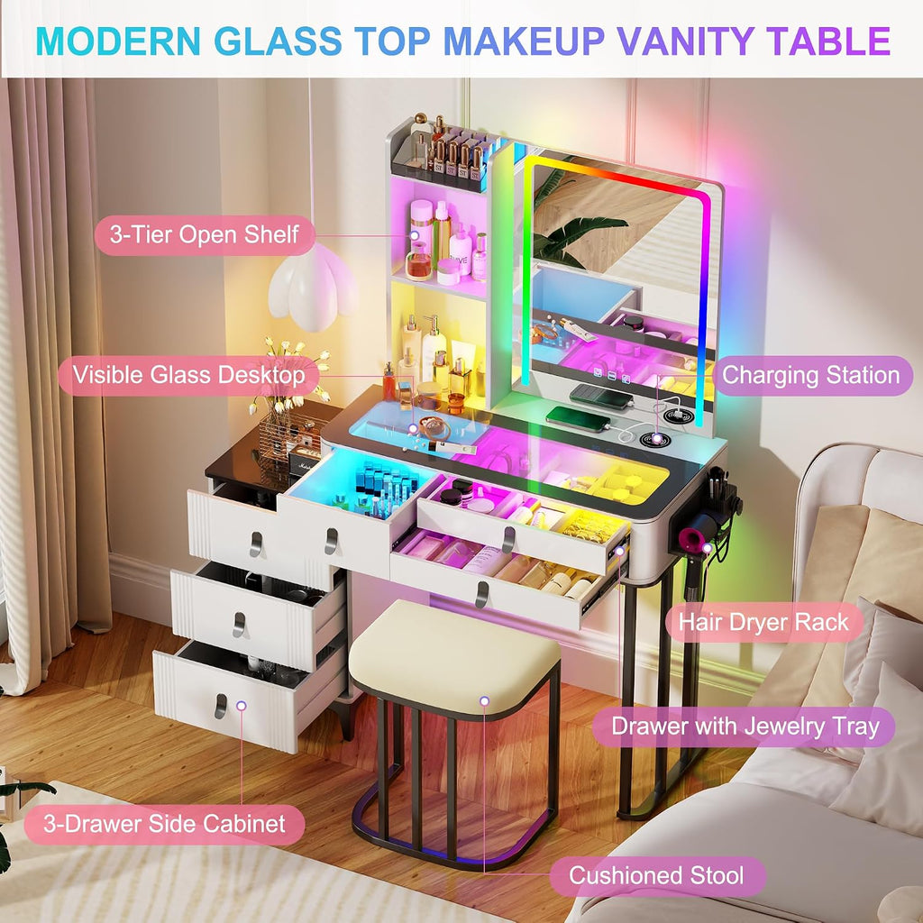 RGB Vanity Desk with Mirror and Lights, Glass Top Makeup Vanity Table with Wireless Charging Station, Dressing Table with Chair & 6 Drawers (White)