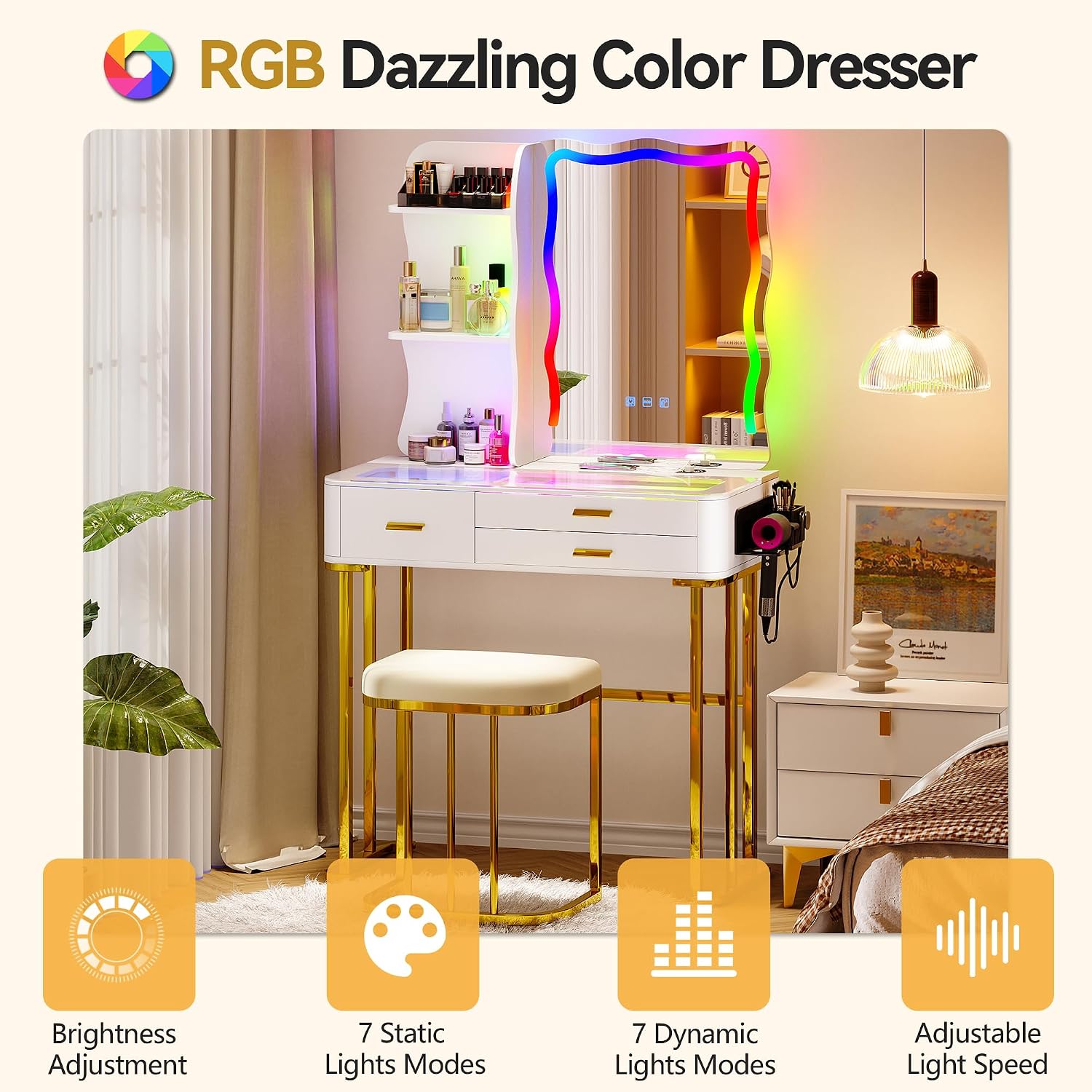 Lvifur RGB Small Vanity Desk with 7 Dynamic & 7 Static Lights, Glass Top Vanity Table with Wireless Charging Station, Make up Vanity Set with Mirror and Cushioned Stool, Gift for Little Girls