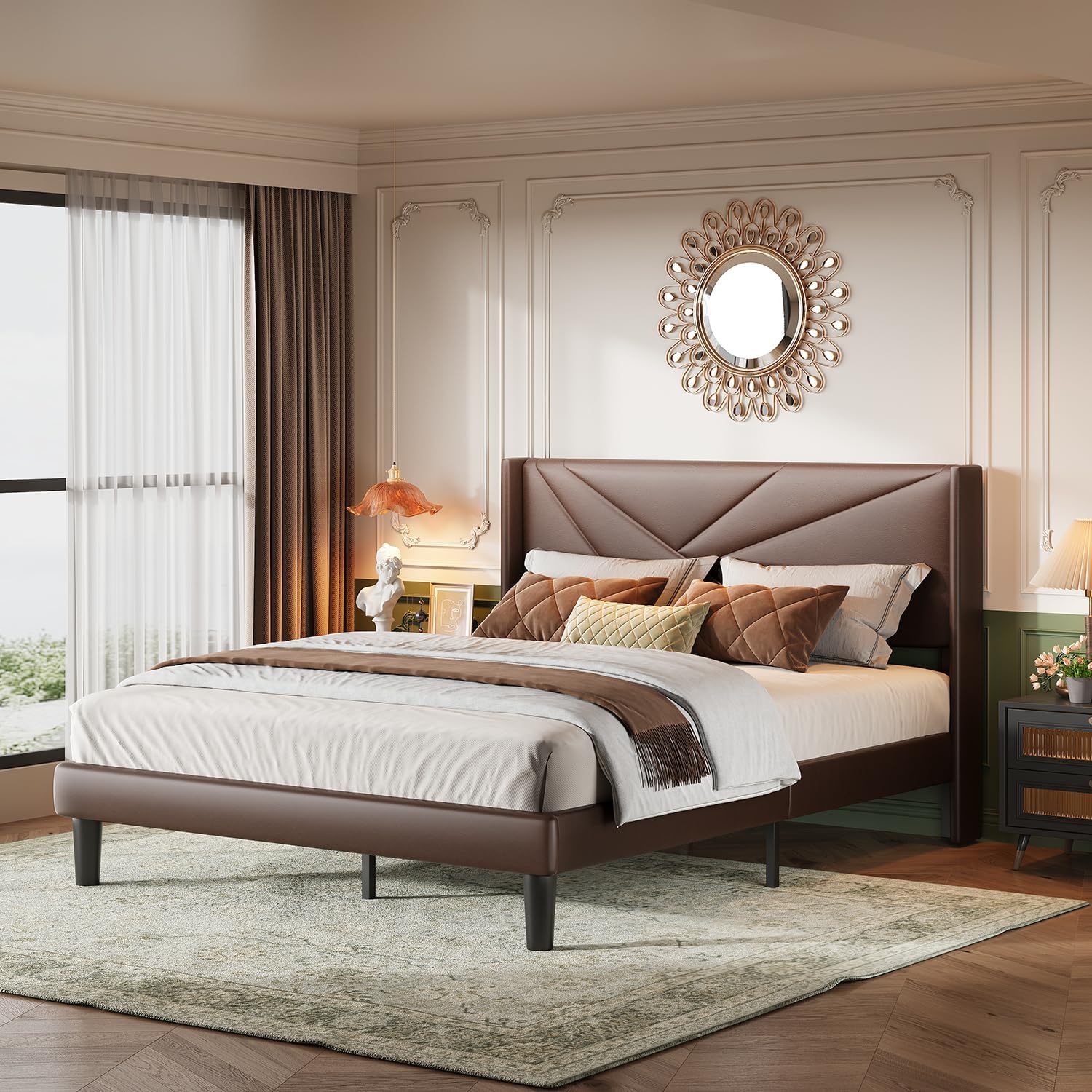Queen Size Bed Frame with Upholstered Wingback Headboard, Easy Assemnly Platform Bed and Heavy Duty Wooden Slats Support, Noise-Free, No Box Spring Needed (Dark Brown, Queen)