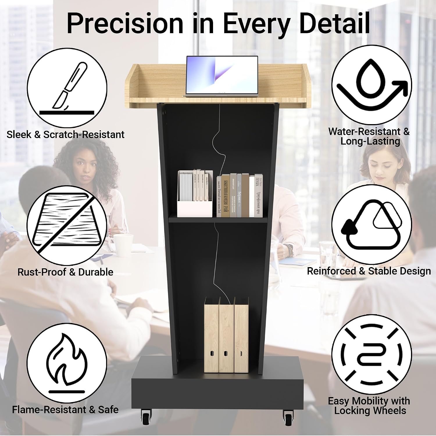 Rolling Podium Stand with Mobile Footrest - 44.3' Ergonomic Lectern for Church, Classroom, Office - Heavy-Duty Locking Wheels, Dual Storage Shelves, Cable Management, Light Wood & Black