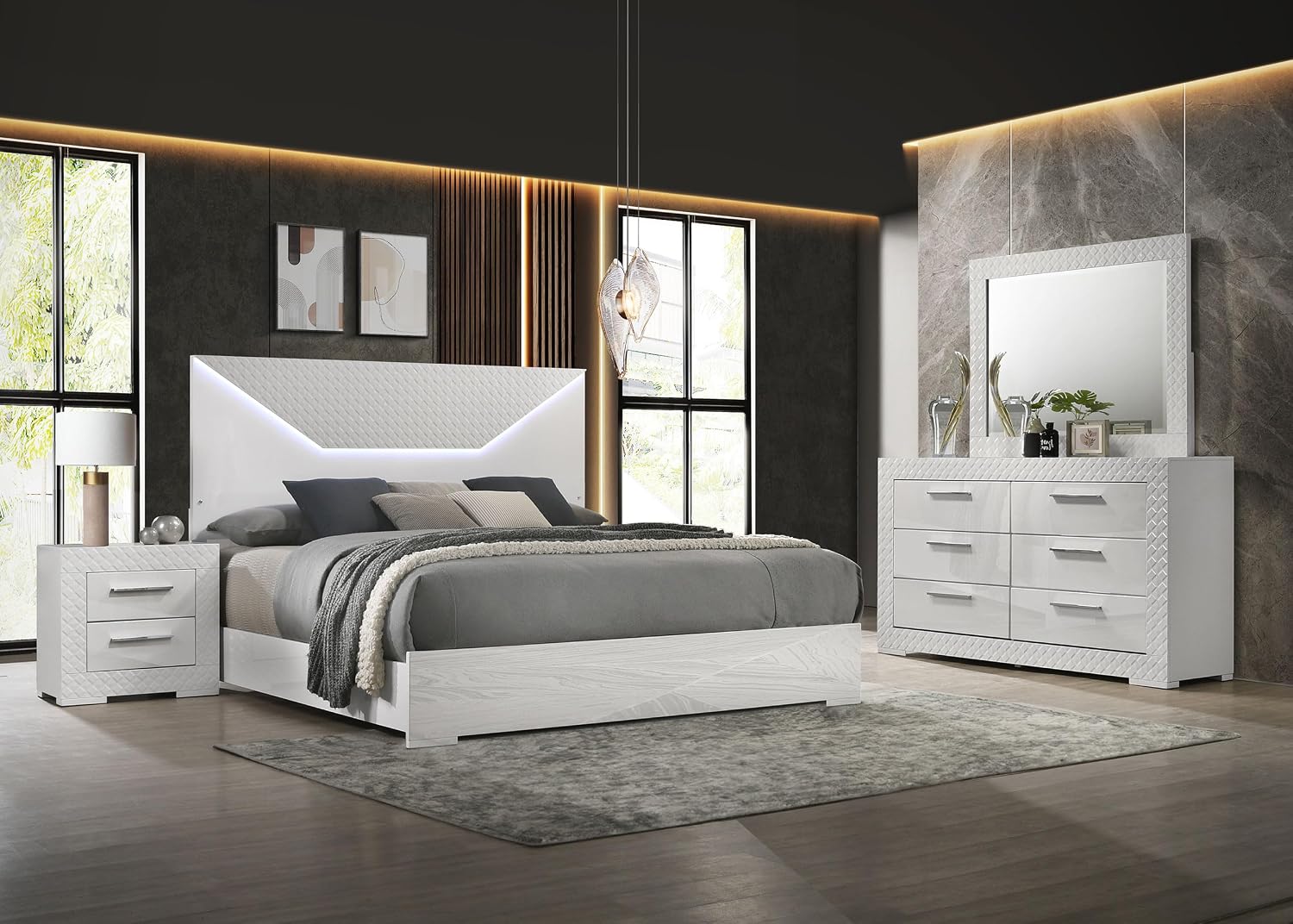 Coaster Home Furnishings Ives Contemporary 4-Piece Bedroom Set Eastern King Size LED Panel Bed Frame 57-inch Headboard White High Gloss 224941KE-S4