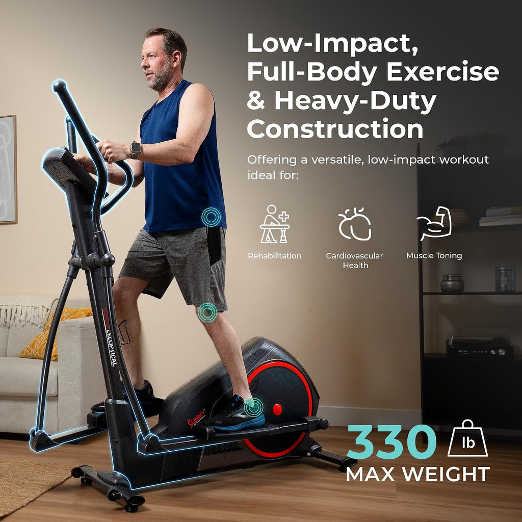 Sunny Health & Fitness Elliptical Machine with Extended Stride, Ultra Quiet 300 lbs Capacity Cross Training Cardio Fully Body Exercise for Home, Sunny Fit App Access, Optional 12' or 16' Stride Length