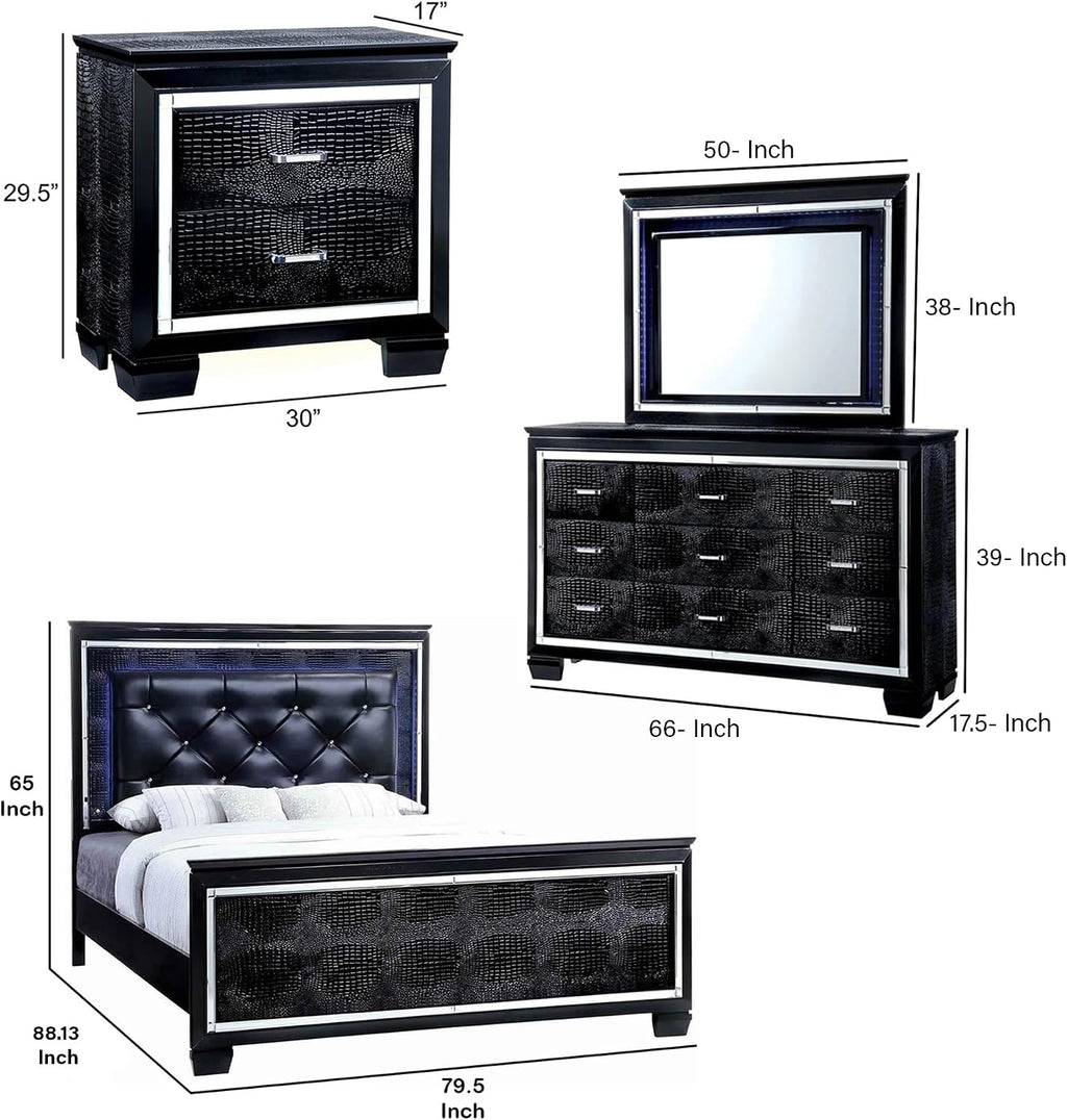 Benjara Kae 4 Piece King Bedroom Set- LED and Mirror Trim- Textured- Black