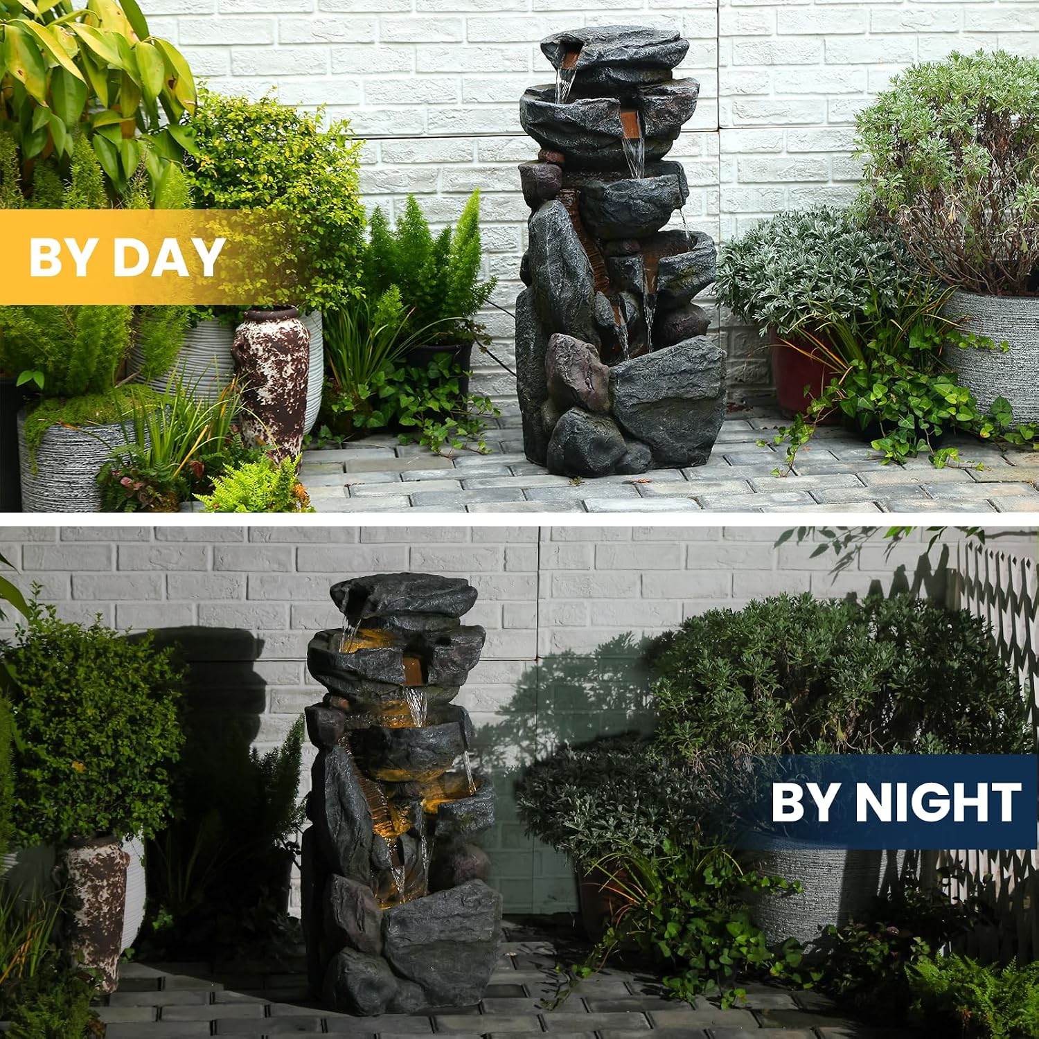 The 5-Tiered Rock Water Fountain Outdoor&Indoor, 31.5''H Floor-Standing Garden Fountains, Stone Feature and Waterfall with Lights for Patio, Backyard, Deck, Porch, Home DéCor, Gray