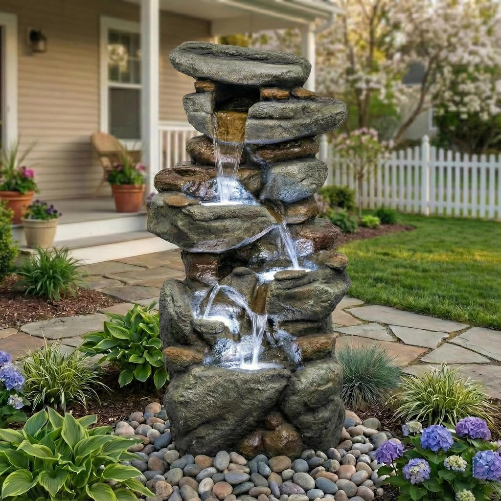 Outdoor Water Fountain Large - Stone Fountains with LED Light for Patio Yard Garden Backyard Decking Outdoor or Entryway Decor 30''