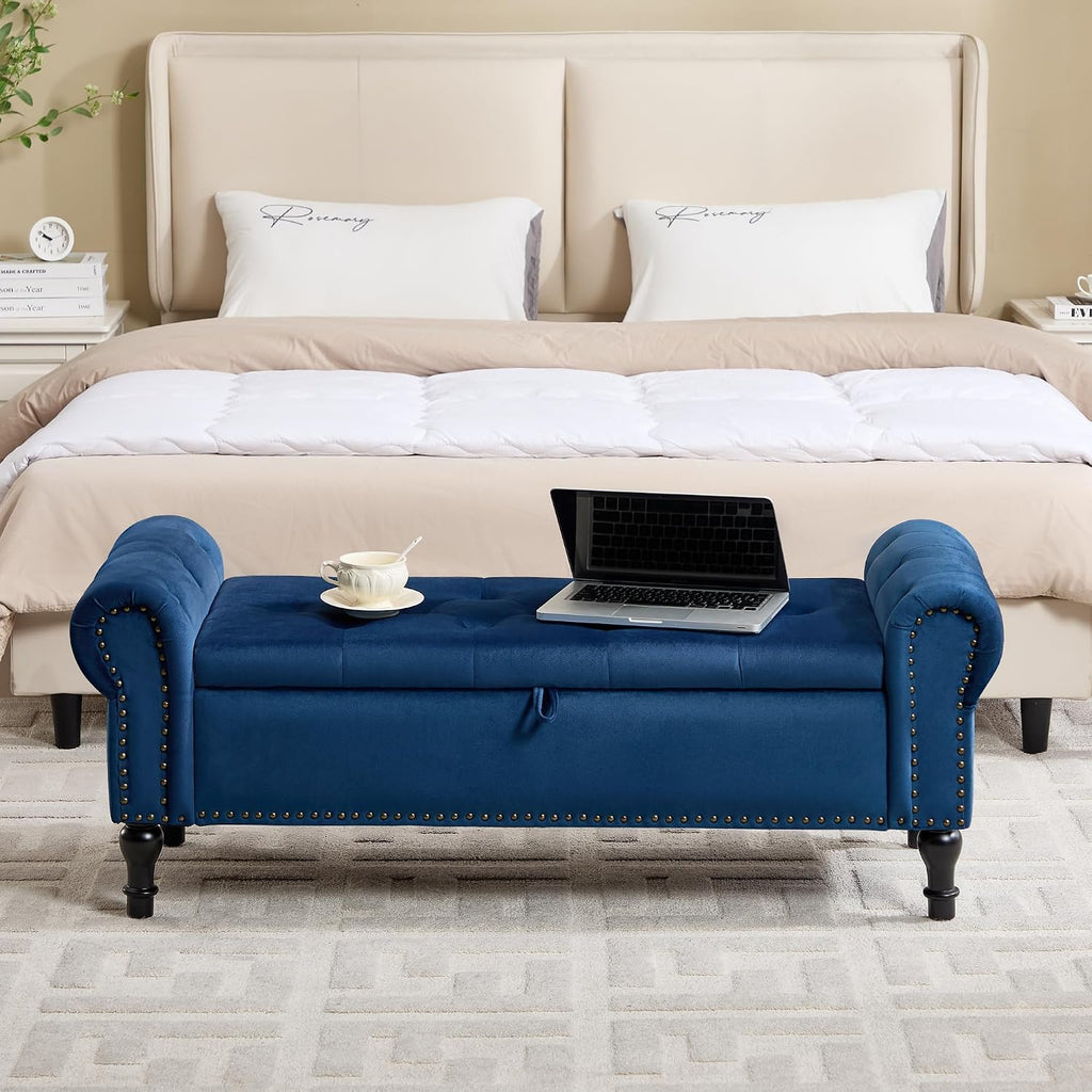 Storage Bench for Bedroom, 51' Upholstered End of Bed Bench, Velvet Queen Size Benches with Rolled Arms, Tufted Button Storage Long Ottoman, Living Room, Entryway, Blue