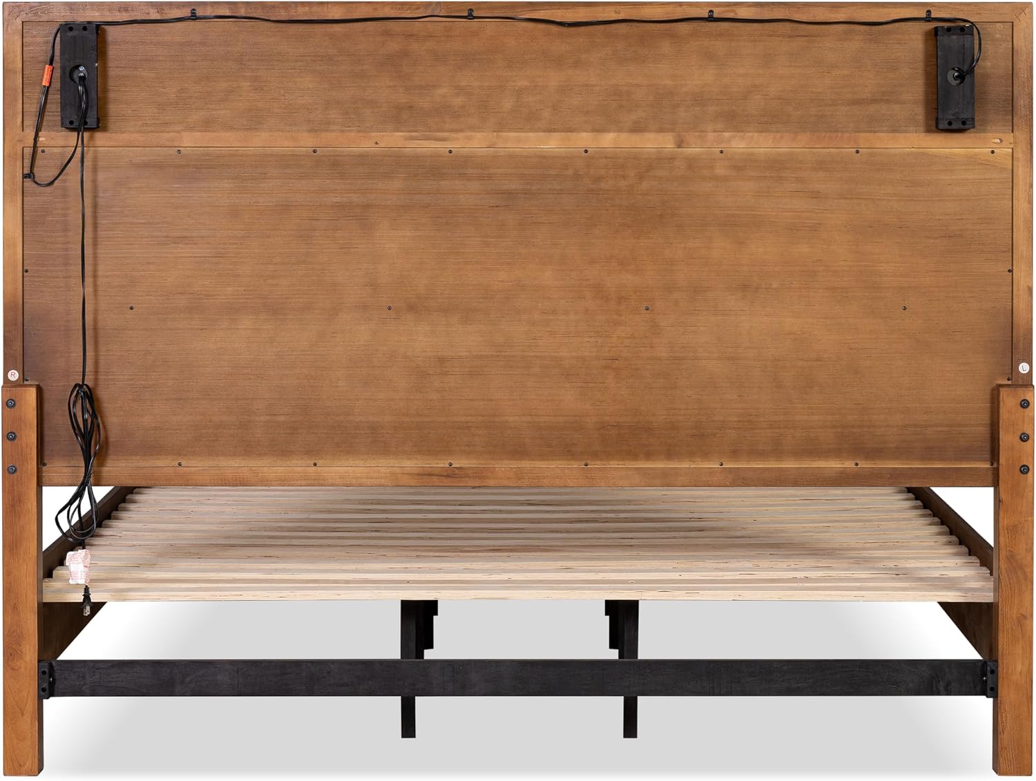 Furniture of America Forma Mid-Century Modern Solid Wood 2-Piece Bedroom Collection, Upholstered Bed Frame with LED Reading Light and Nightstand with Power Ports, No Box Spring Needed, Walnut, Queen
