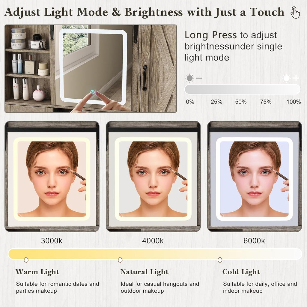 Farmhouse Makeup Vanity Desk with Sliding Mirror and Lights, 42' Glass Top Vanity Table with Charging Station & 4 Drawers & 2 Cabinets, Vintage Vanity Set for Bedroom, Driftwood Gray