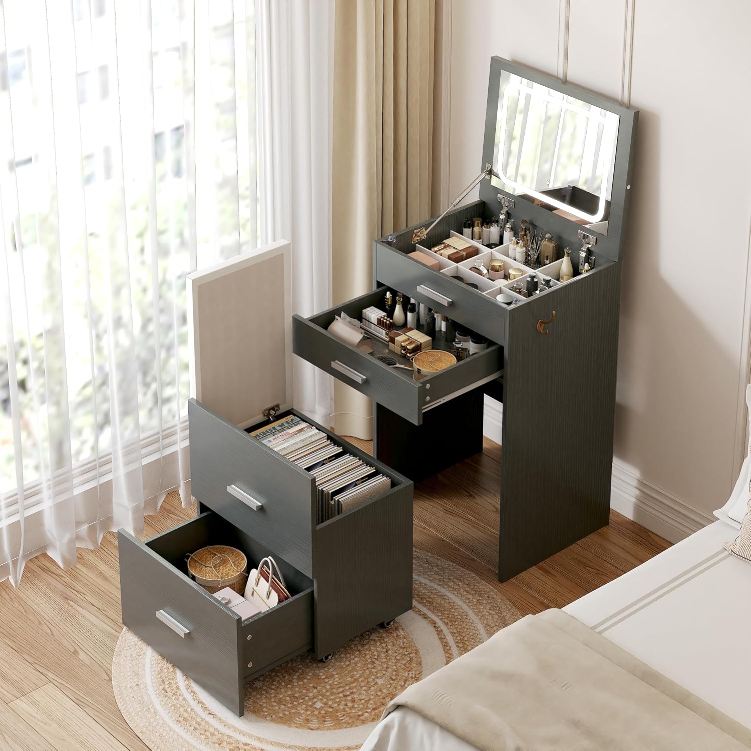 Compact Vanity with 3 Drawers, 3 in 1 Vanity Desk, Makeup Desk with Flip-up 3 Colors Lighting Mirror and Cushioned Stool, Small Vanities Nightstand Perfect for Bedroom, Gray